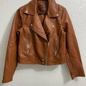 Blank NYC Cognac Faux Leather Moto Jacket with Zip Details